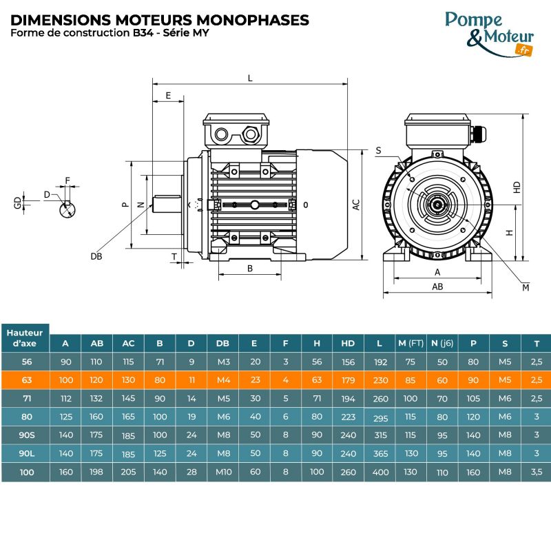 Moteur électrique 220V 0,12 kW 1000 tr/min Condensateur Permanent- MY6326B34 Bride B34