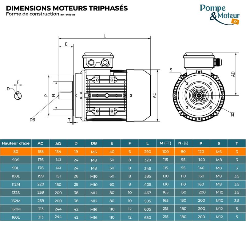 Moteur électrique triphasé 230/400V 0.18 kW 750 tr/min - ST380K8B14 Fonte Bride B14