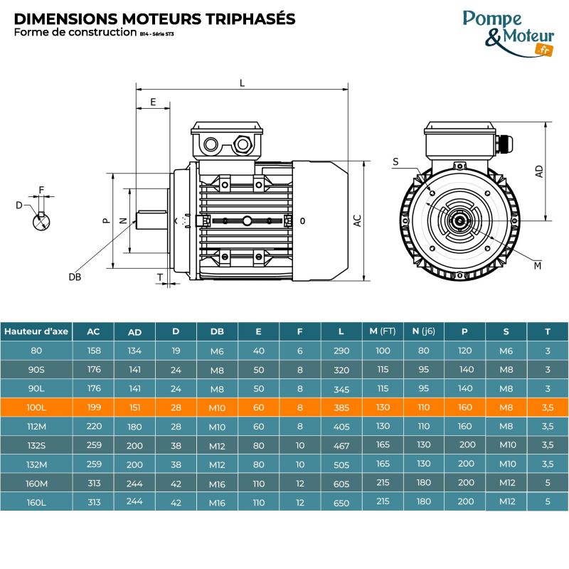 Moteur électrique triphasé 230/400V 0.75 kW 750 tr/min - ST3100L8B14 Fonte Bride B14