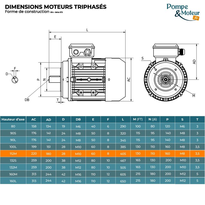 Moteur électrique triphasé 230/400V 1.5 kW 750 tr/min - ST3112M8B14 Fonte Bride B14