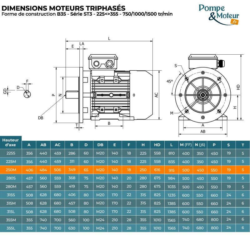 Moteur électrique triphasé 400/700V 37 kW 1000 tr/min - ST3250M64B35 Fonte Bride B35