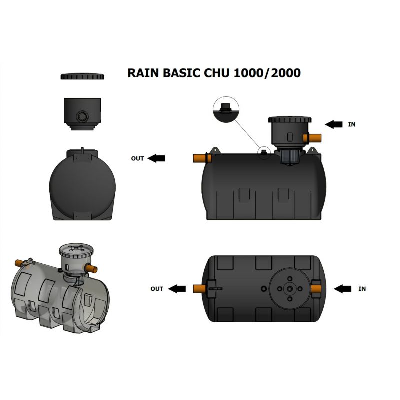 Cuve 2000L enterrée de récupération d'eau - Tout équipée - ELBI CHU2000 RAIN BASIC